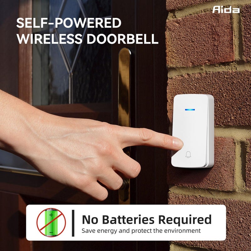 Aida Wireless Doorbell, Self-powered Doorbell with Extra Socket, No Battery Required Push Button, Cordless Door Bell Ringer, 5 Volume Levels with 32 Doorbell Chimes (White, 1 Button & 1 Receiver) - Image 3